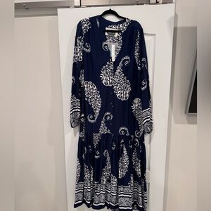 Anthropologie Tiered Button Down Dress Navy/White Size 2X NWT